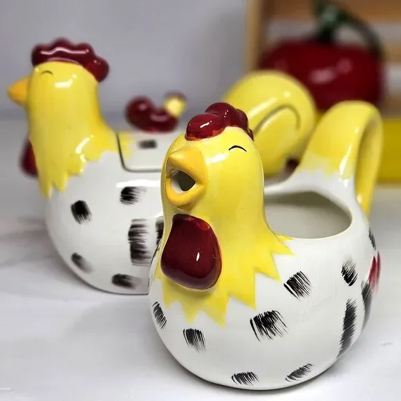 Vtg Country Roosters Creamer & Sugar Bowl Set by Chestnut Creek Chickens Yellow - Picture 9 of 12